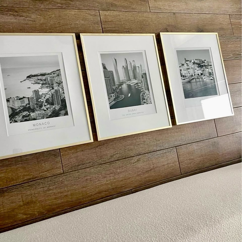 Wall Art Set of 3 Travel Photographs Luxury Gold Framed